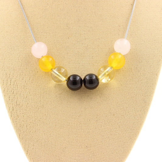 Collier Perles Obsidienne noire + Agate jaune + Citrine + Quartz rose 8 mm