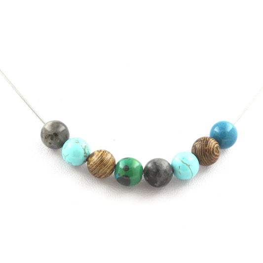 Collier Perles Turquoise + Chrysocolle + Labradorite + bois 8 mm
