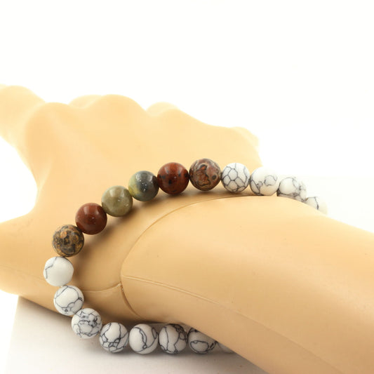 Saphir de Mogok, Birmanie, Myanmar + Perles Jaspe léopard + Obsidienne Mahogany + Howlite. Bracelet en Perles naturelles