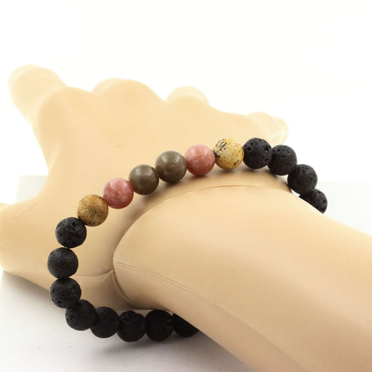 Saphir de Mogok, Birmanie, Myanmar + Pierre de Soleil + Jaspe Paysage + Lave. Bracelet Perles naturelles