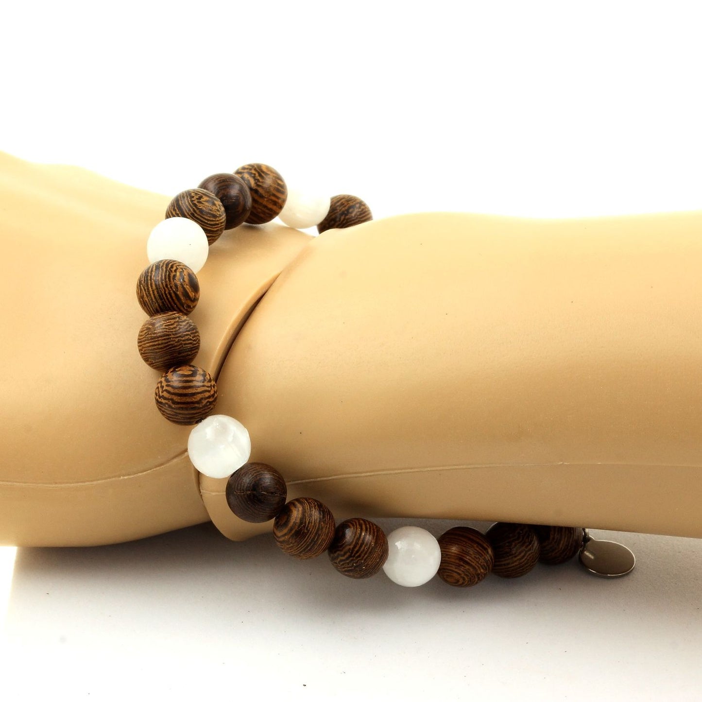 Selenite du Maroc + bois. Bracelet Perles naturelles