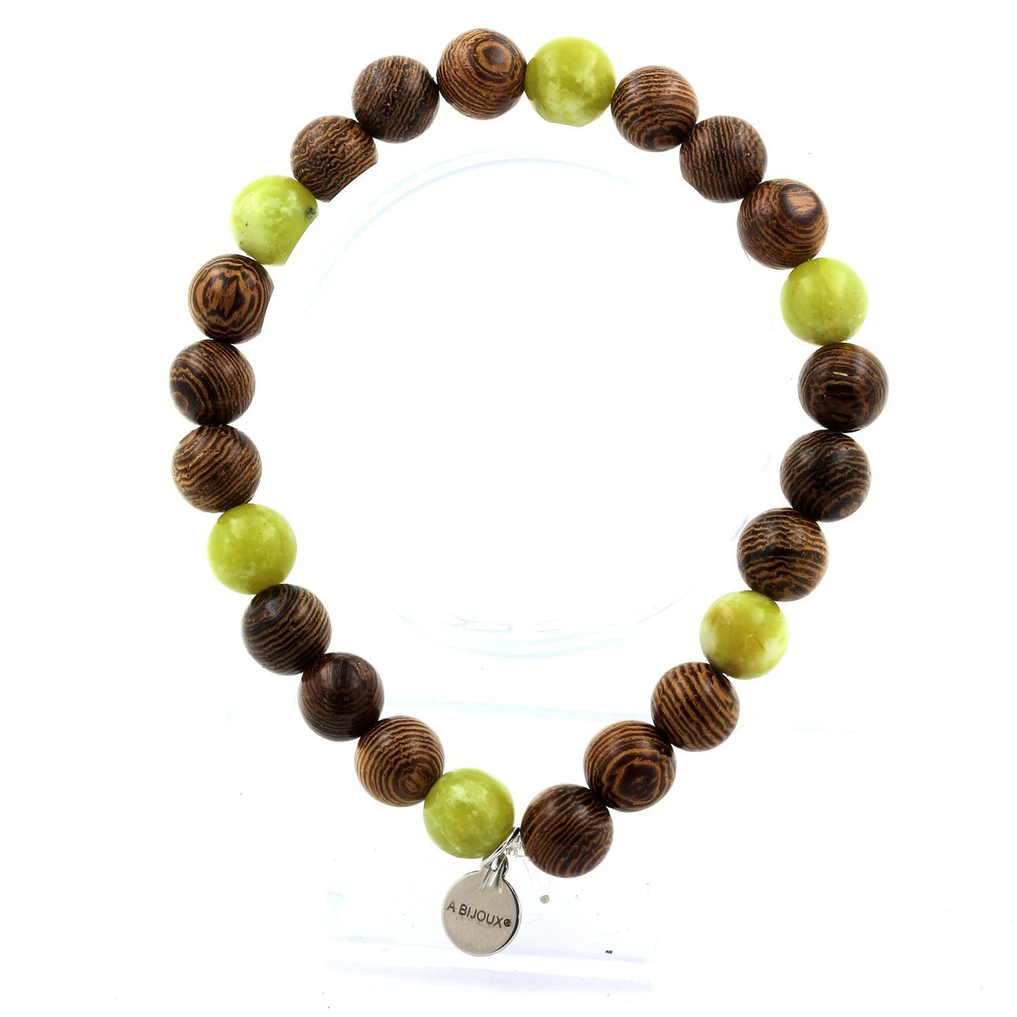 Serpentine Jade de Chine + bois. Bracelet Perles naturelles