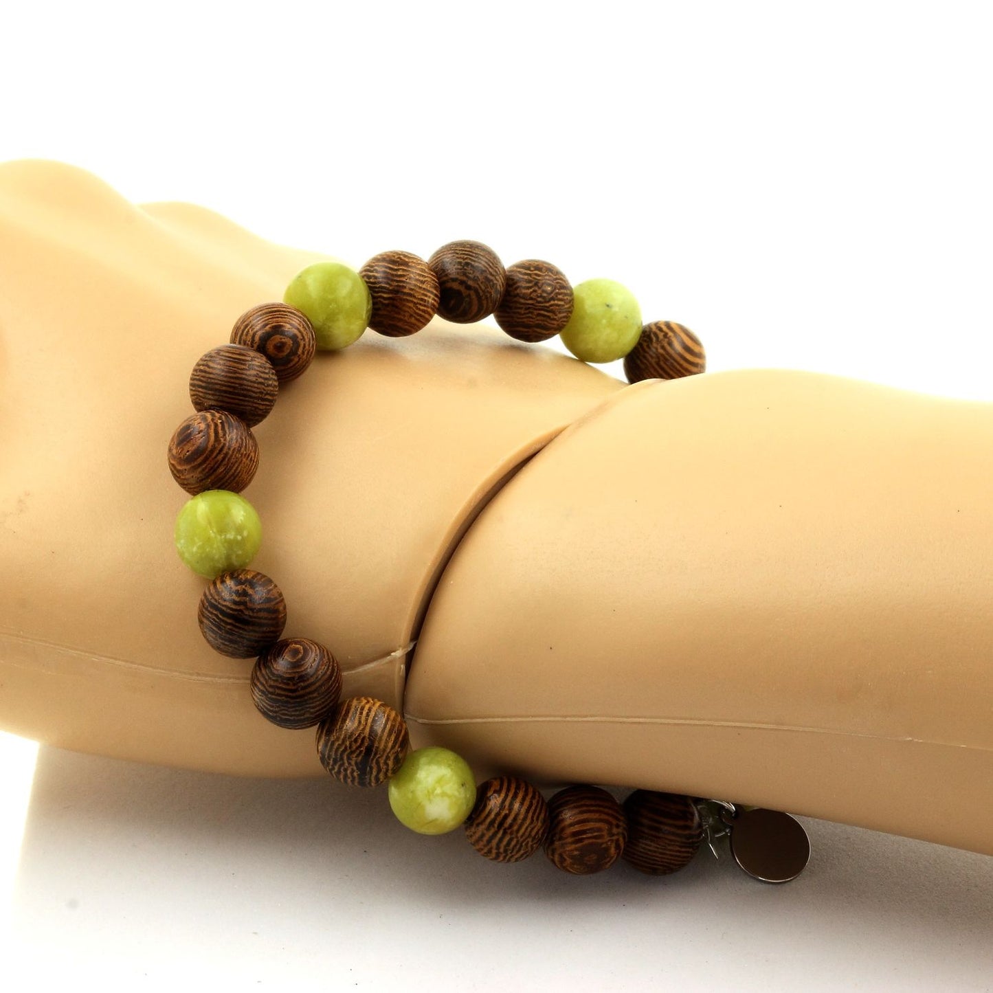 Serpentine Jade de Chine + bois. Bracelet Perles naturelles