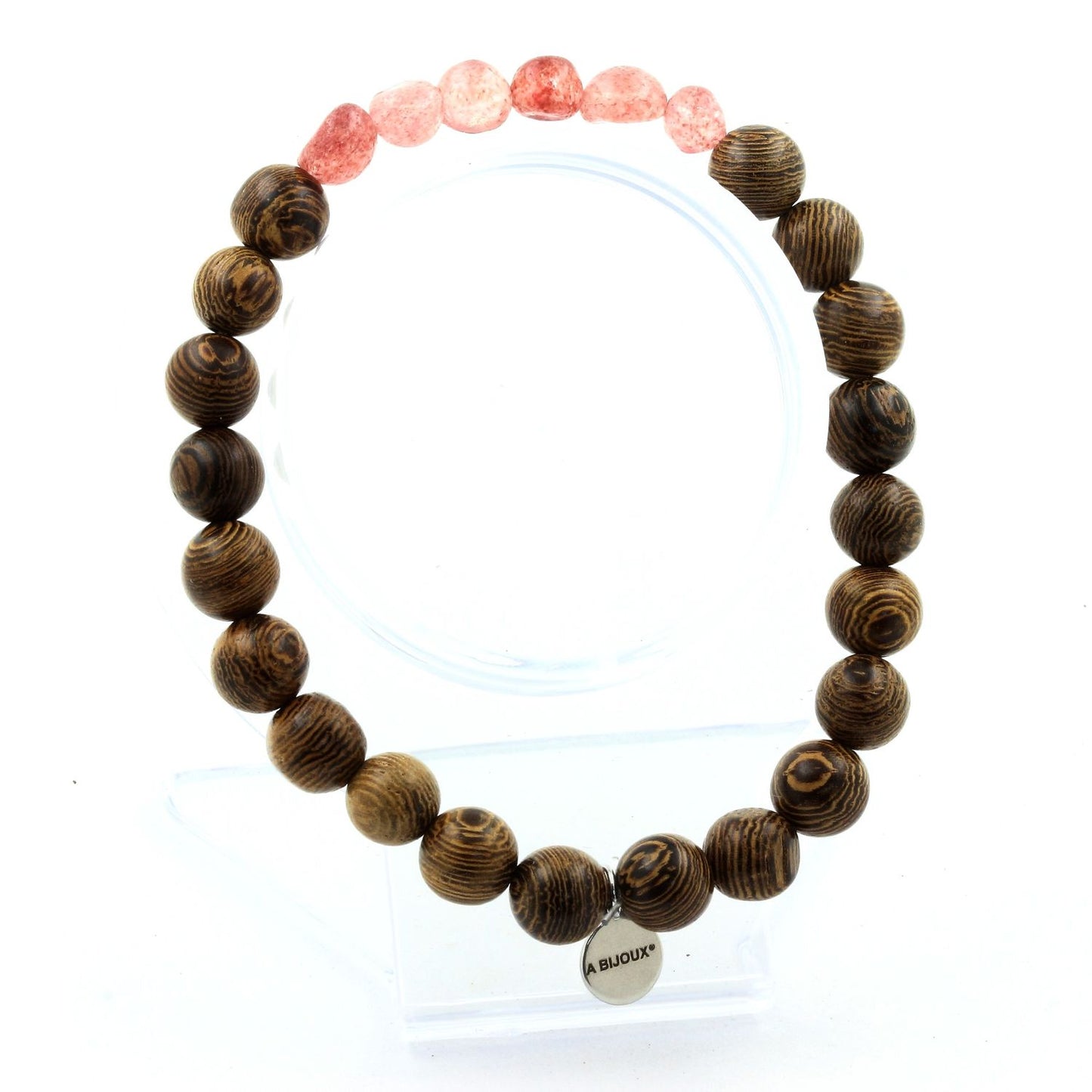 Strawberry Quartz de Madagascar + Perles bois. Bracelet Perles