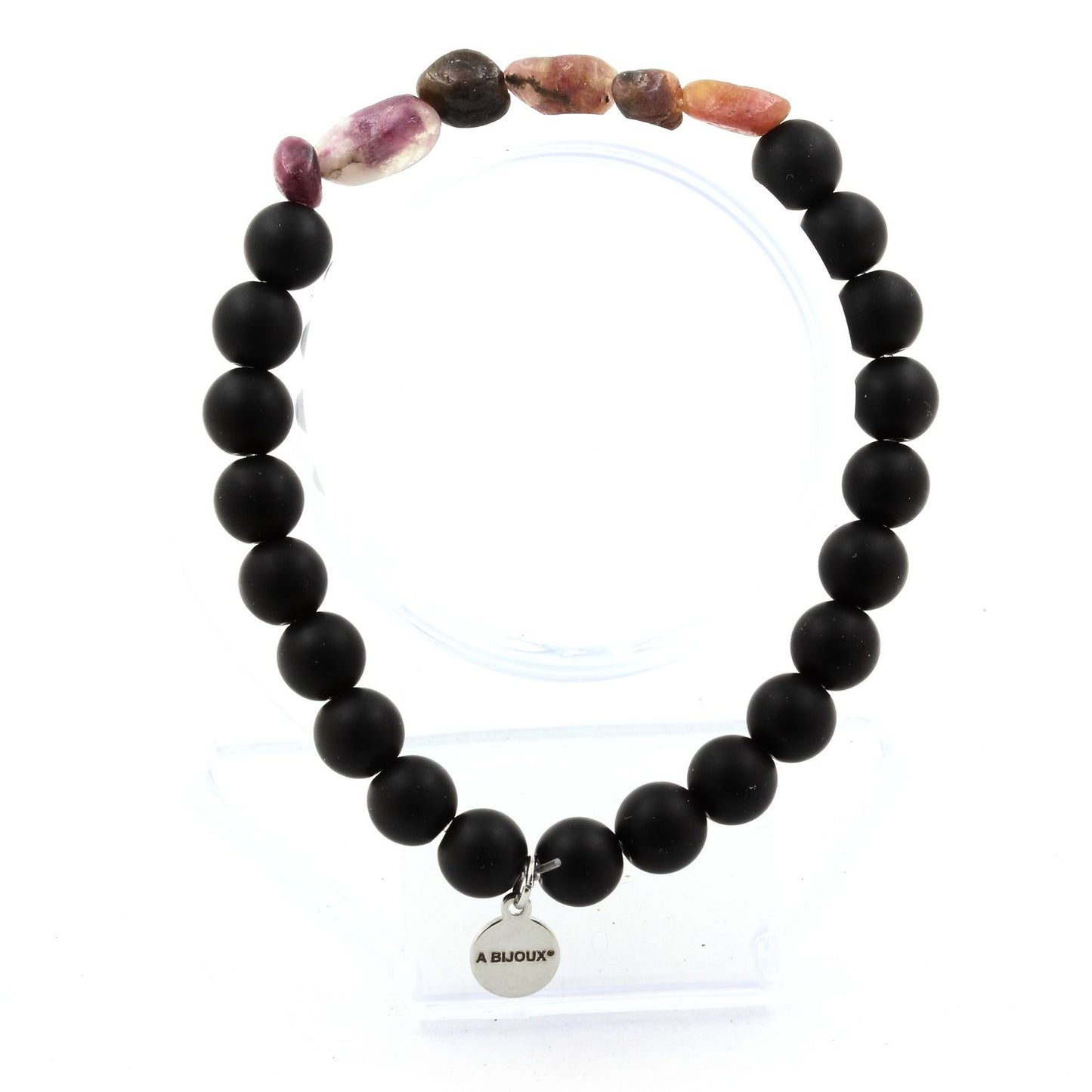 Tourmaline Rubellite du Brésil + Perles Onyx noir mat. Bracelet Perles