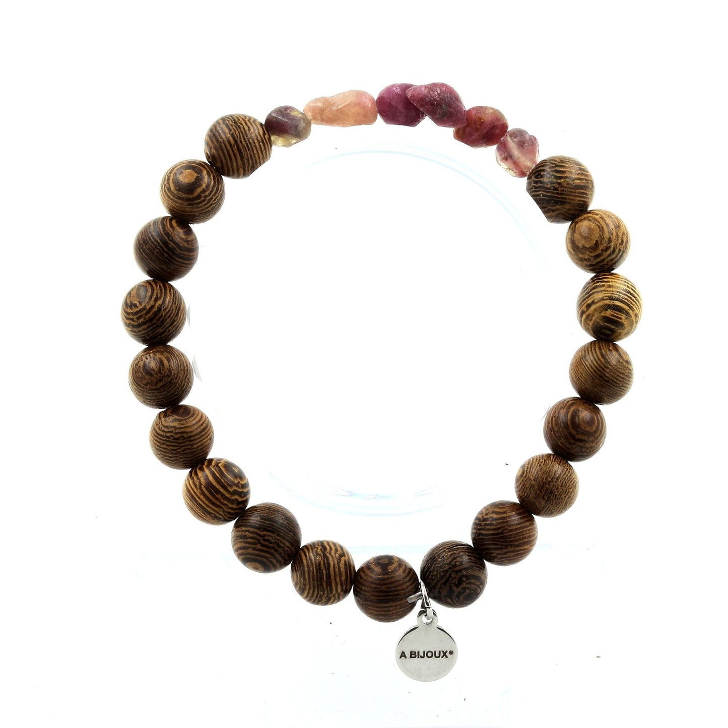 Tourmaline Rubellite du Brésil + bois. Bracelet Perles