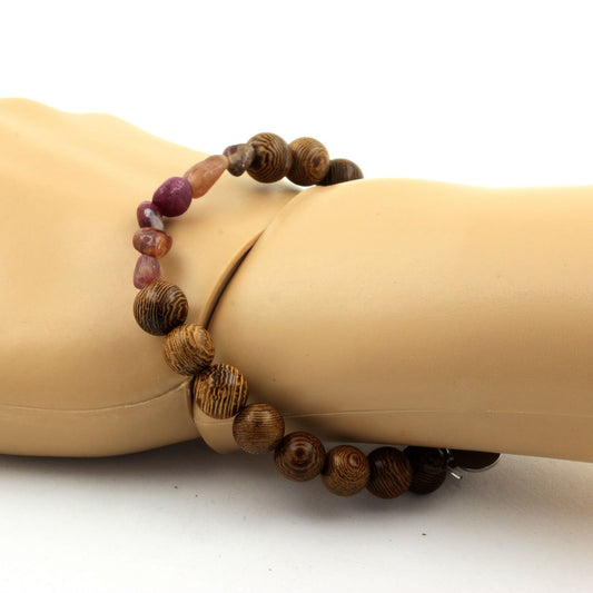 Tourmaline Rubellite du Brésil + bois. Bracelet Perles