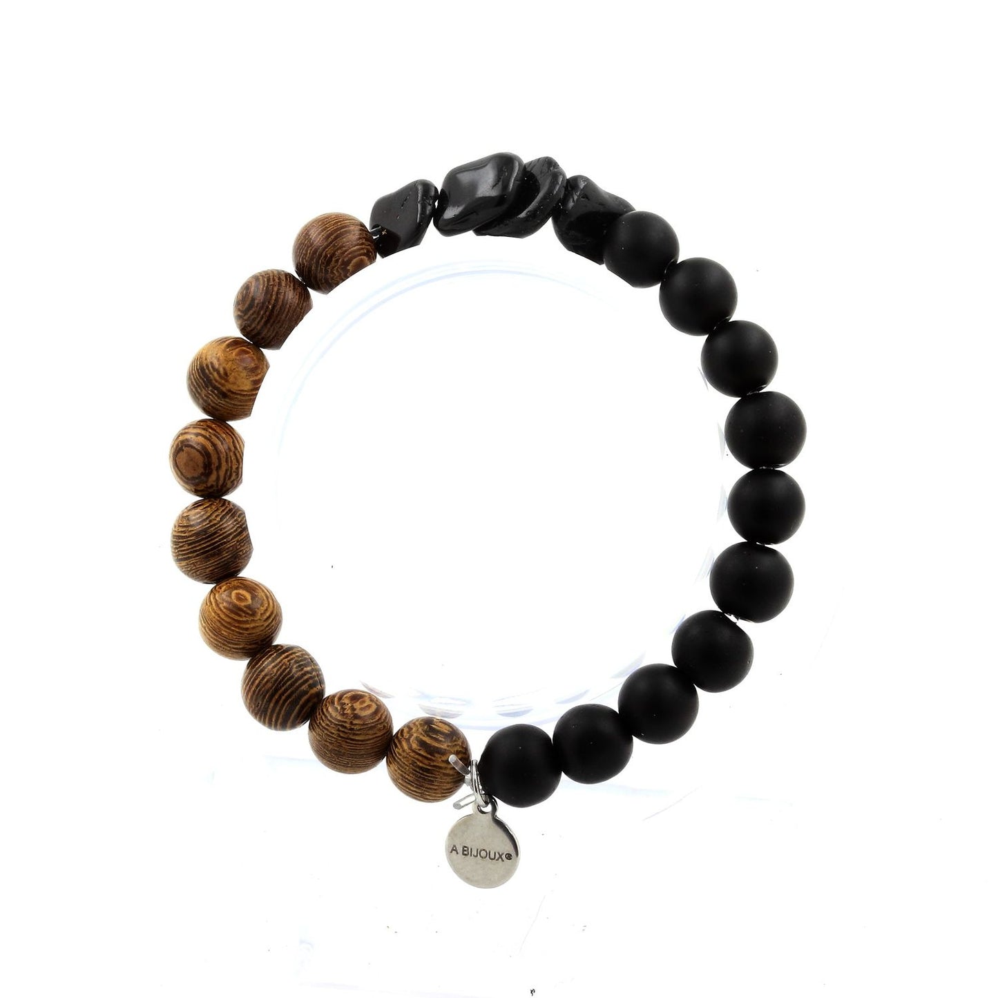 Tourmaline Schorl du Brésil + Perles Onyx noir mat + bois. Bracelet en Perles naturelles