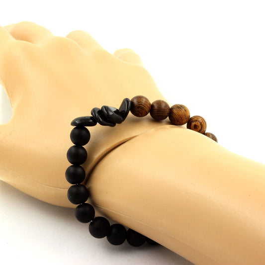 Tourmaline Schorl du Brésil + Perles Onyx noir mat + bois. Bracelet en Perles naturelles