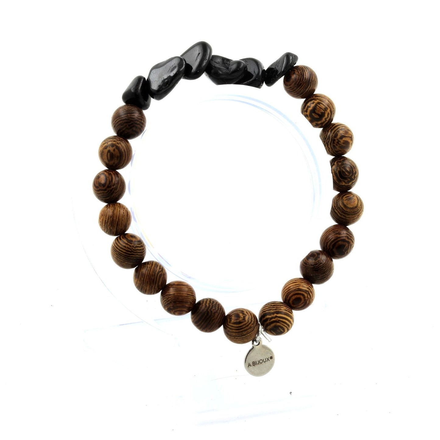Tourmaline Schorl du Brésil + Perles bois. Bracelet en Perles naturelles