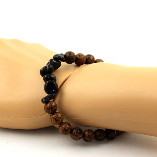 Tourmaline Schorl du Brésil + Perles bois. Bracelet en Perles naturelles