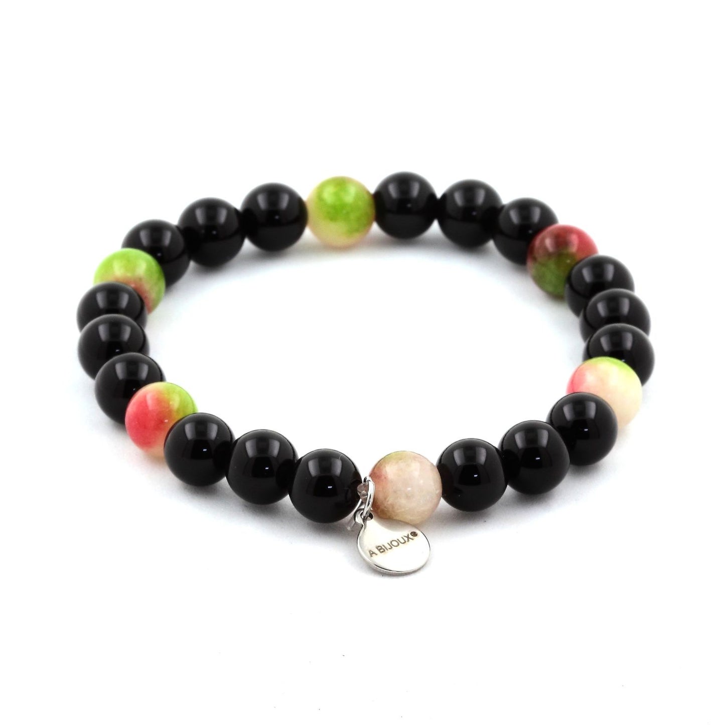 Tourmaline melon d'eau + Agate noire. Bracelet en Perles naturelles