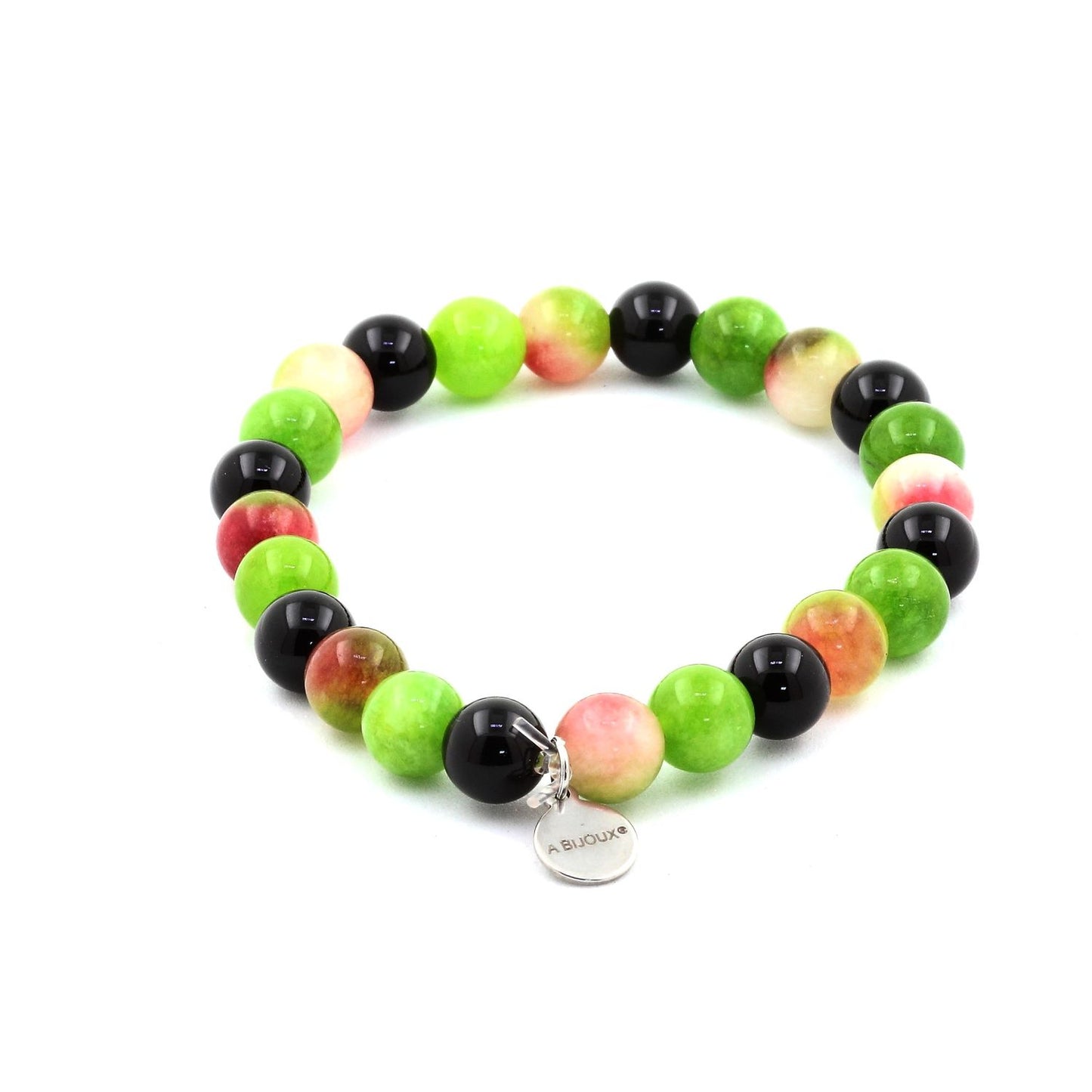 Tourmaline melon d'eau + Agate noire + Péridot. Bracelet Perles naturelles
