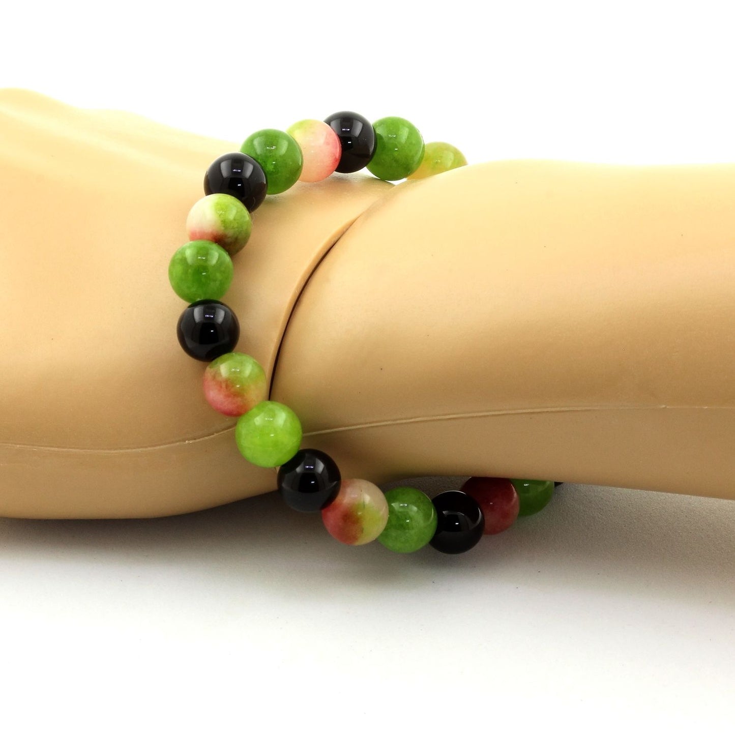 Tourmaline melon d'eau + Agate noire + Péridot. Bracelet Perles naturelles