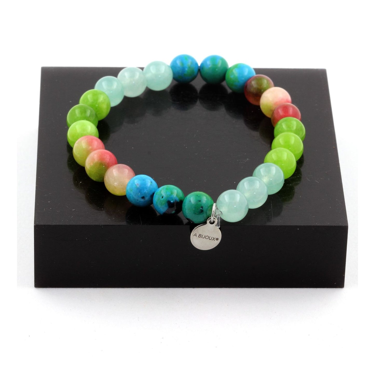 Tourmaline melon d'eau + Chrysocolle + Angélite + Péridot. Bracelet Perles naturelles