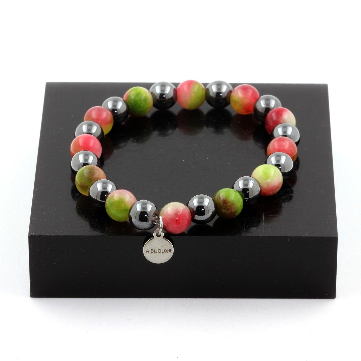 Tourmaline melon d'eau + Hématite. Bracelet Perles naturelles