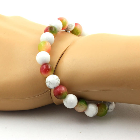 Tourmaline melon d'eau + Howlite. Bracelet Perles naturelles
