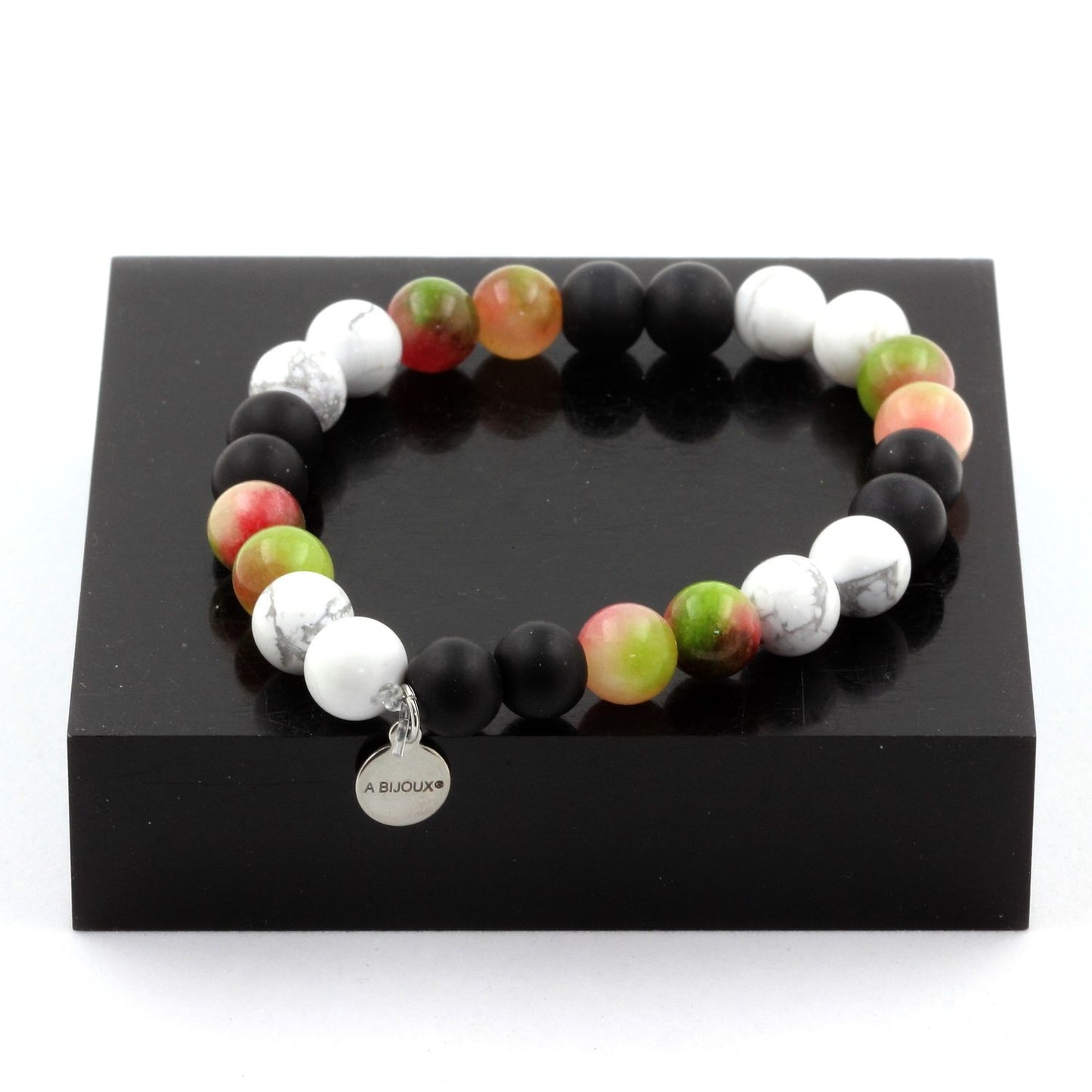 Tourmaline melon d'eau + Howlite + Onyx noir mat. Bracelet Perles naturelles