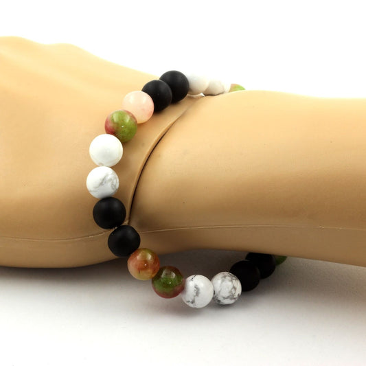 Tourmaline melon d'eau + Howlite + Onyx noir mat. Bracelet Perles naturelles
