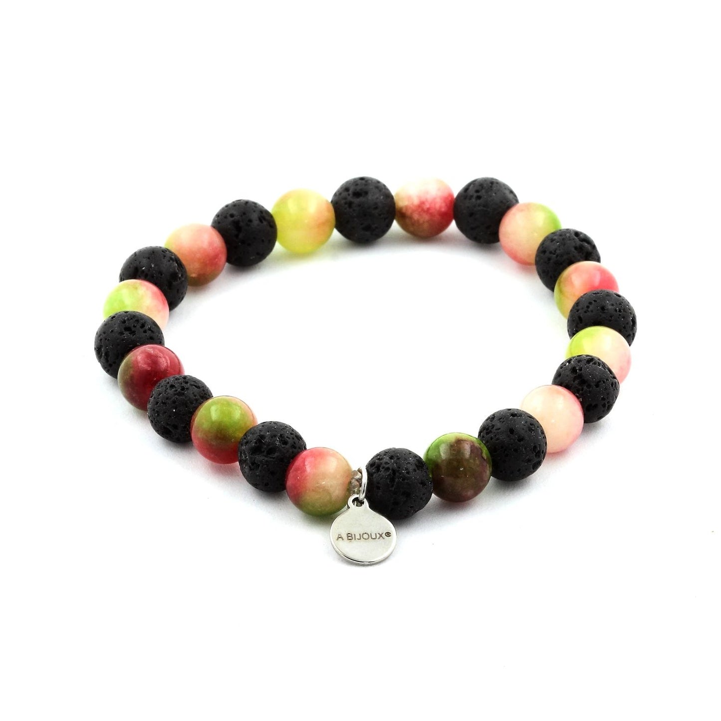Tourmaline melon d'eau + Lave. Bracelet Perles naturelles