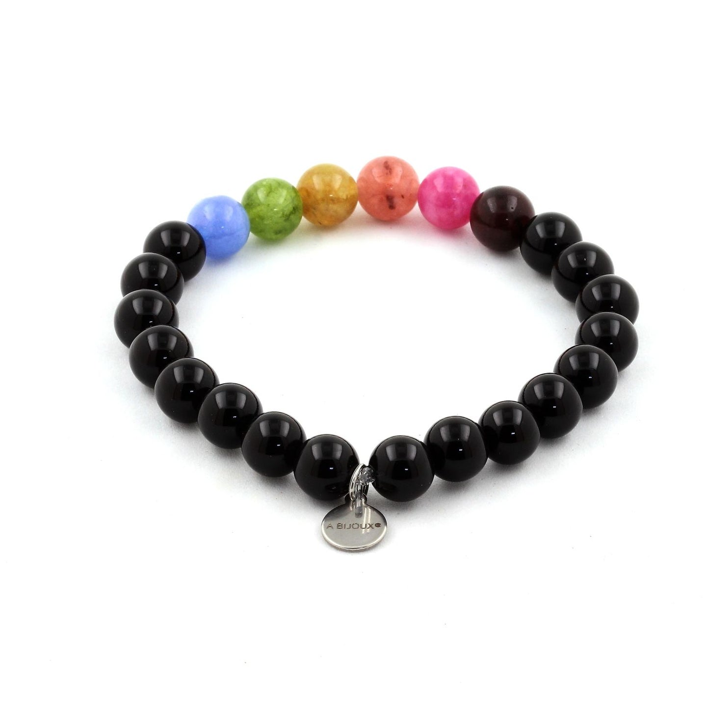 Tourmaline multicolore + Agate noire. Bracelet Perles naturelles