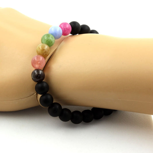 Tourmaline multicolore + Onyx noir mat. Bracelet Perles naturelles