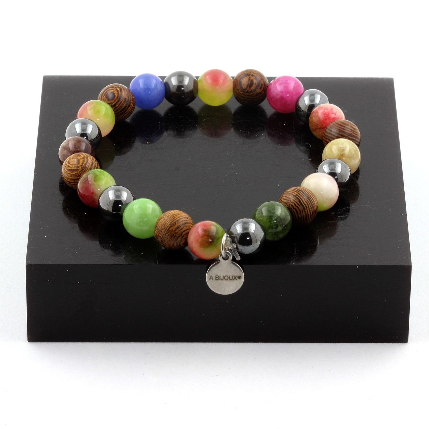 Tourmaline multicolore + Tourmaline melon d'eau + Hématite + Bois. Bracelet Perles naturelles