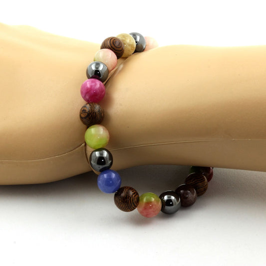 Tourmaline multicolore + Tourmaline melon d'eau + Hématite + Bois. Bracelet Perles naturelles