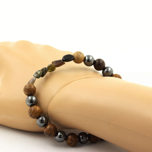 Tourmaline multicolore du Brésil + Perles Hématite + bois. Bracelet en Perles naturelles