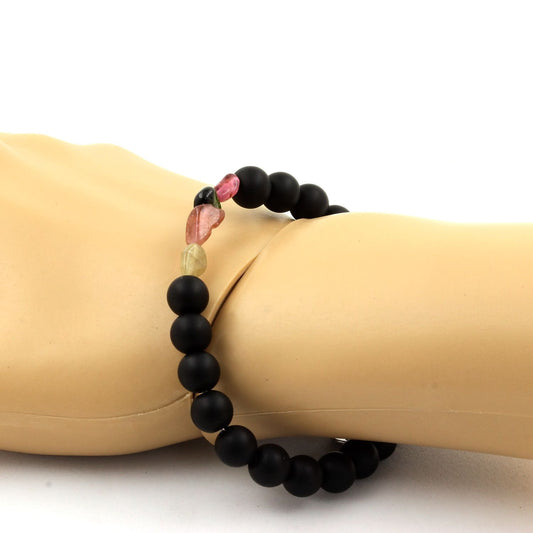 Tourmaline multicolore du Brésil + Perles Onyx noir mat. Bracelet en Perles naturelles
