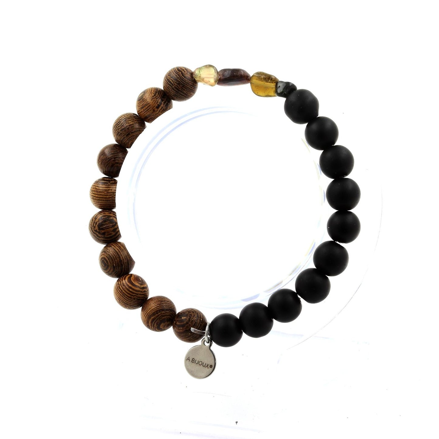 Tourmaline multicolore du Brésil + Perles Onyx noir mat + bois. Bracelet en Perles naturelles