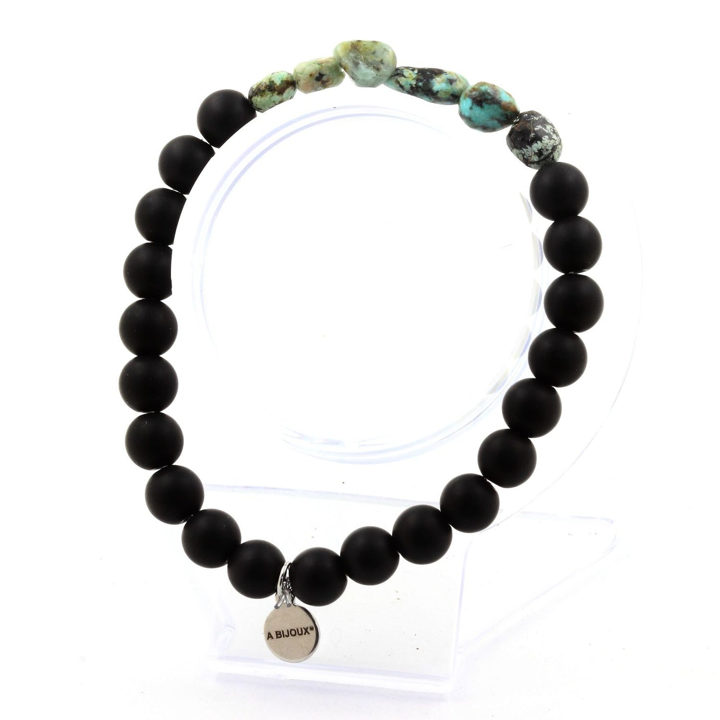 Turquoise Africaine + Perles Onyx noir mat. Bracelet Perles