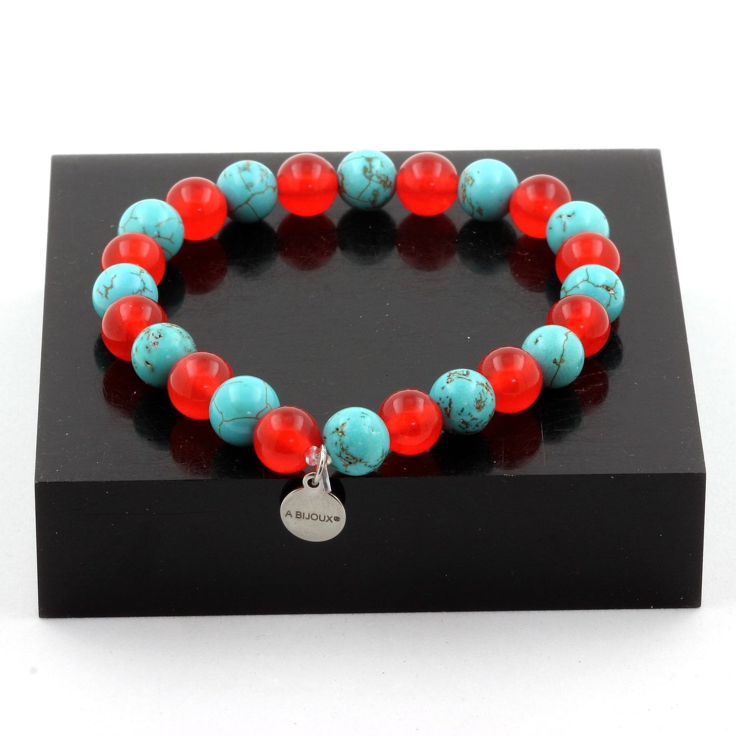 Turquoise + Calcédoine rouge. Bracelet Perles naturelles