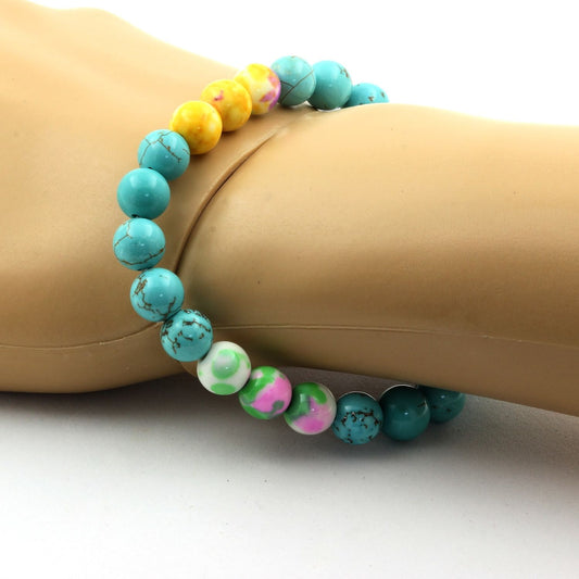 Turquoise + Jaspe vert rose + Jaspe rose jaune + Jaspe jaune violet. Bracelet en Perles naturelles
