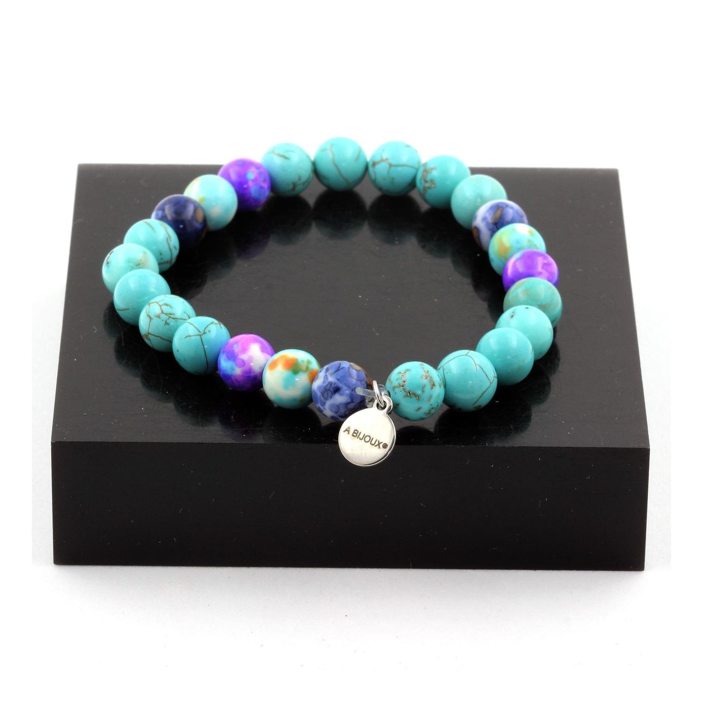Turquoise + Jaspe violet bleu + Jaspe bleu + Jaspe orange bleu. Bracelet en Perles naturelles