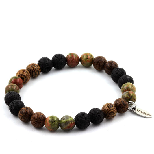 Unakite + Lave + bois Bracelet Perles