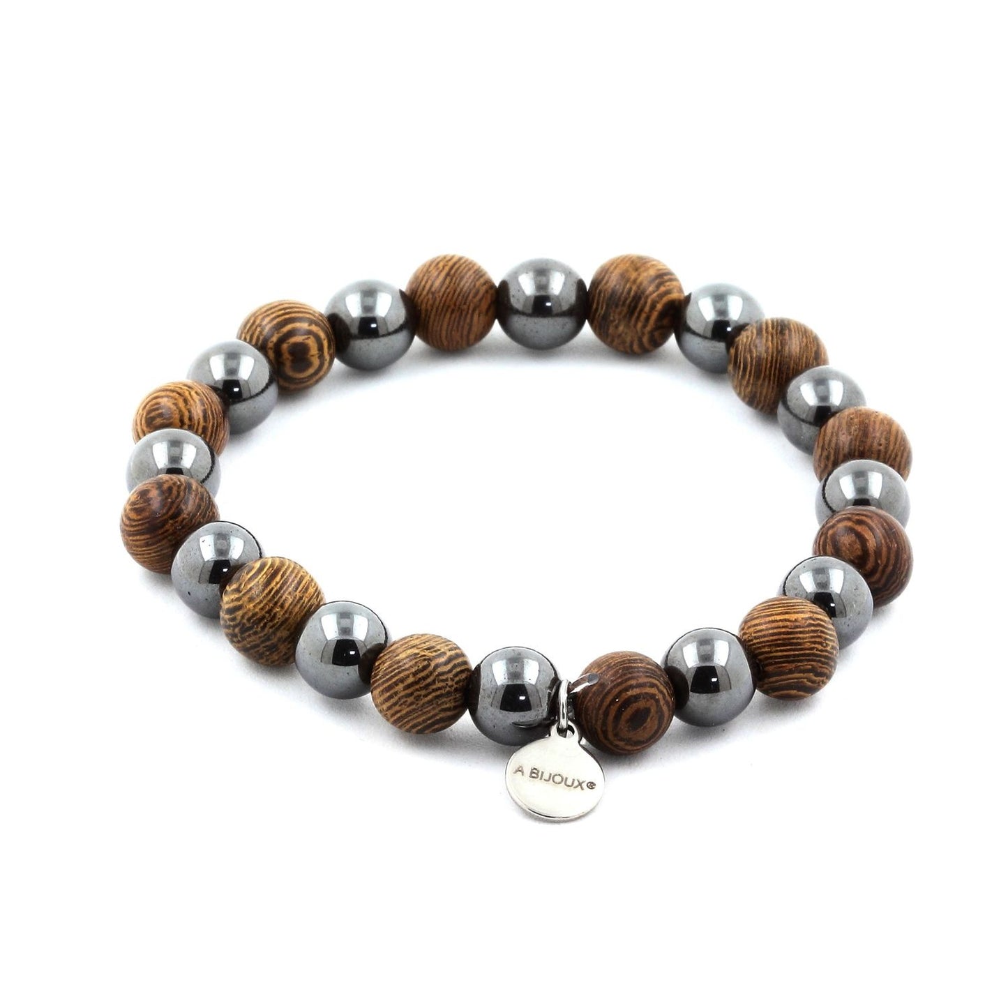 bois + Hématite. Bracelet Perles naturelles