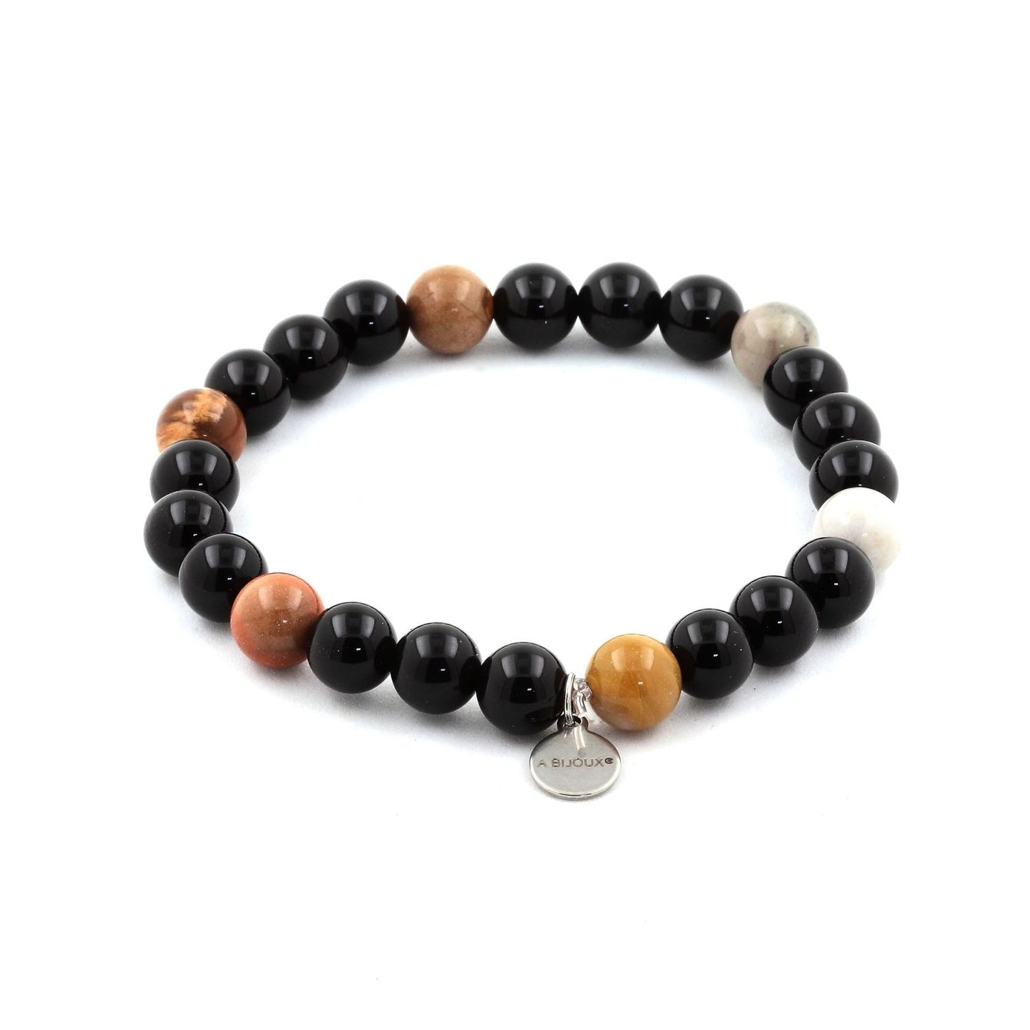 bois pétrifié + Agate noire. Bracelet Perles naturelles