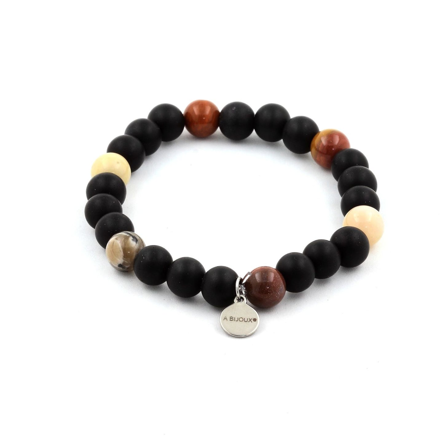 bois pétrifié + Onyx noir mat. Bracelet Perles naturelles