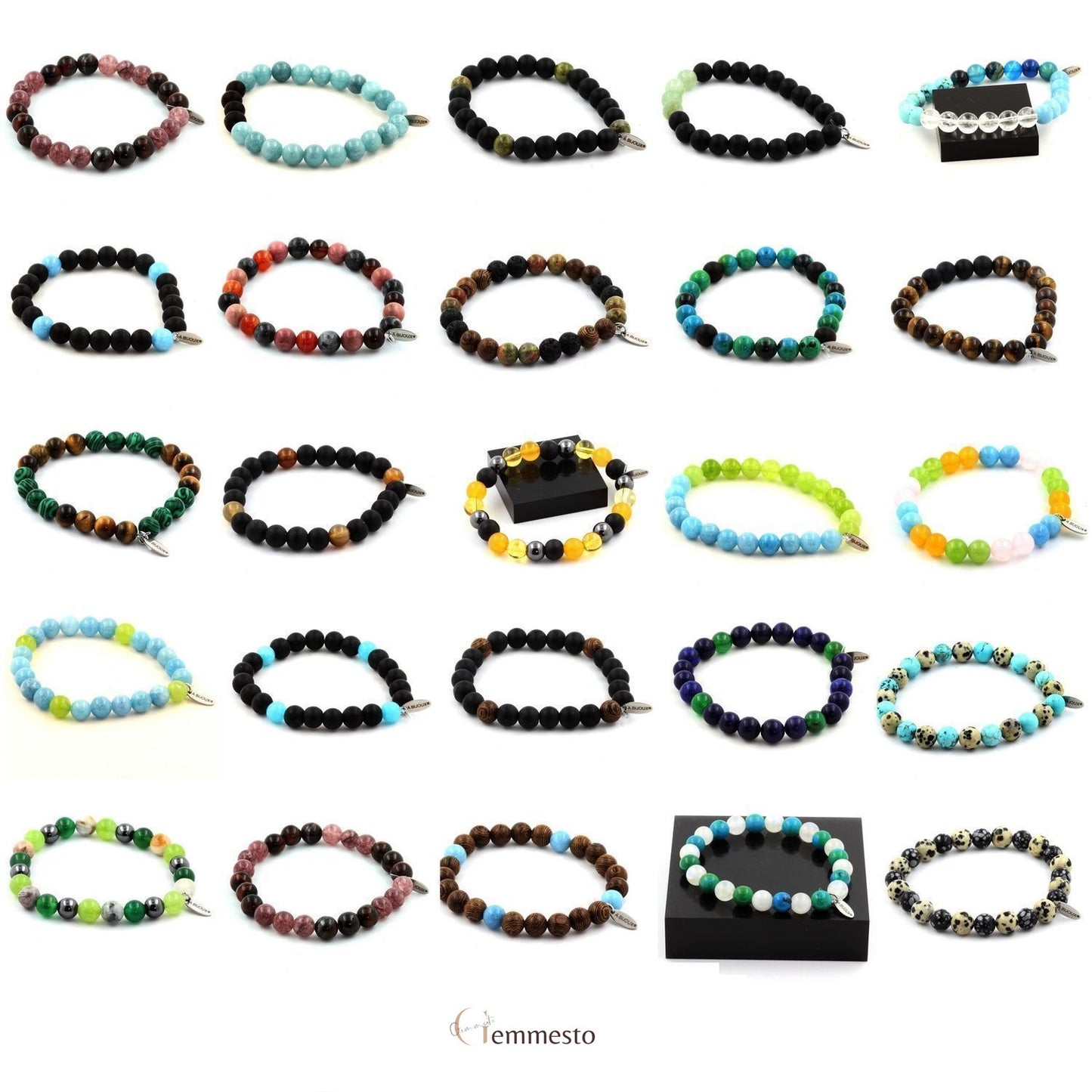 Apatite bleu du Brésil + Perles Onyx noir mat. Bracelet Perles