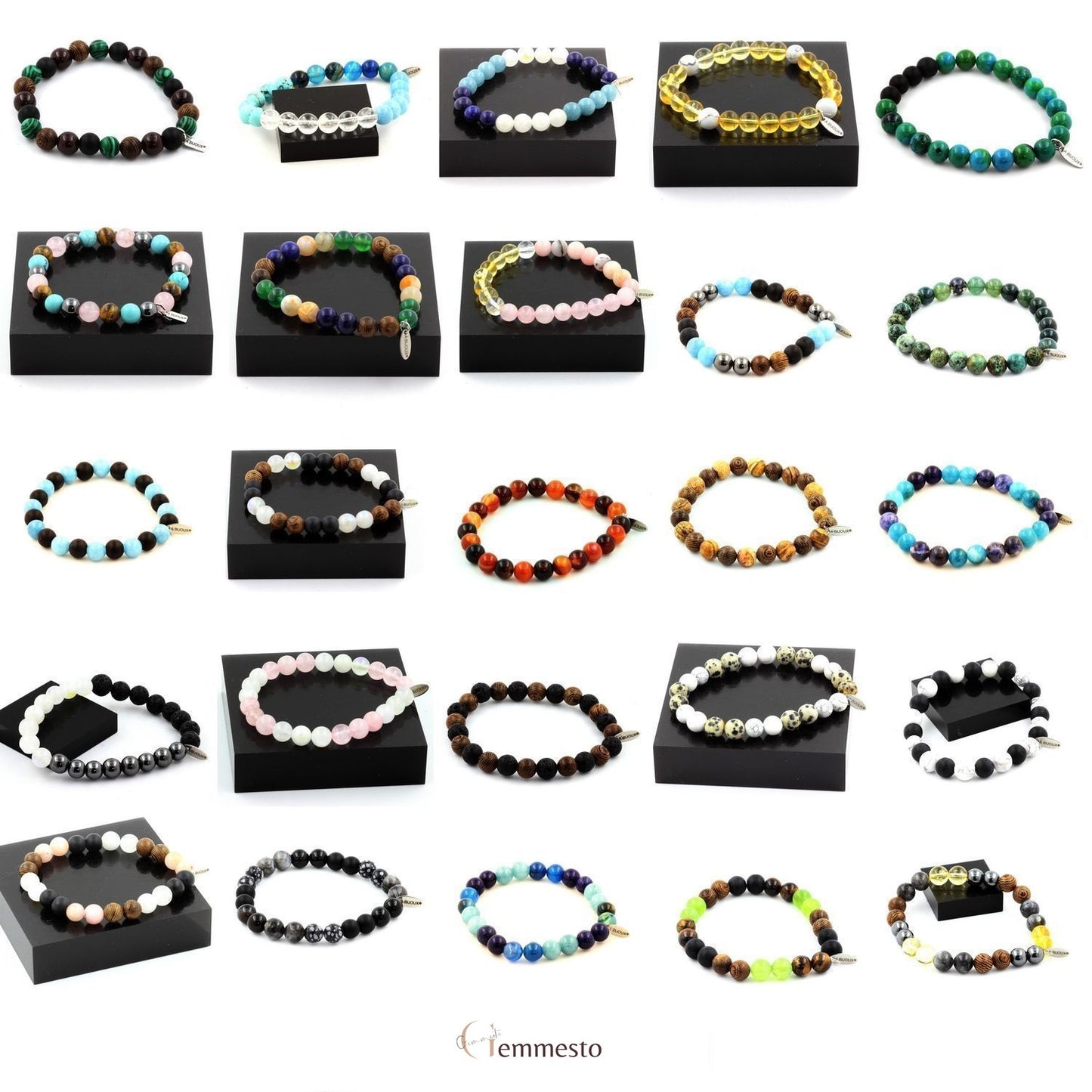 Kunzite du Brésil + Perles Onyx noir mat + bois. Bracelet Perles