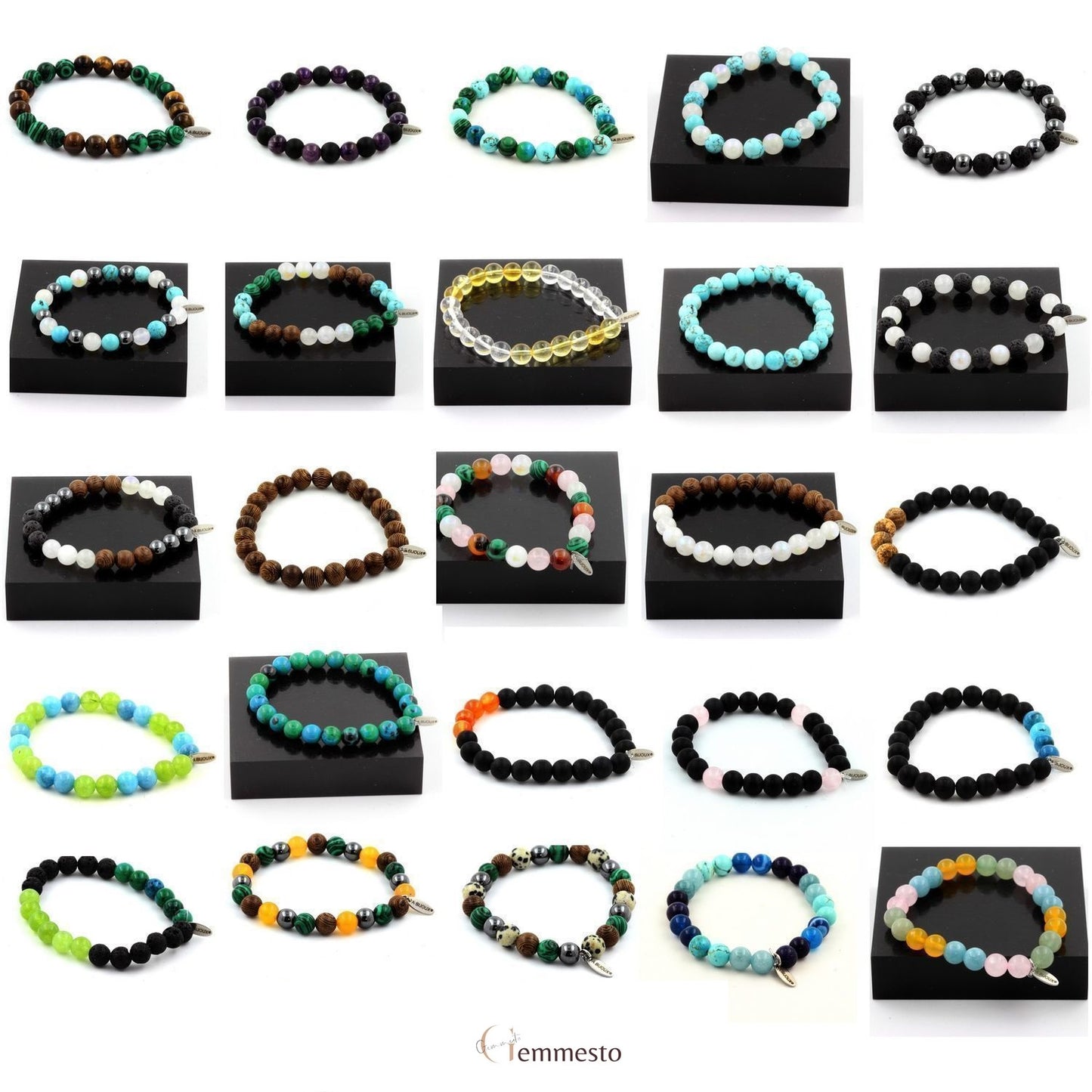 Andalousite des USA + Perles Onyx noir mat + bois. Bracelet en Perles naturelles