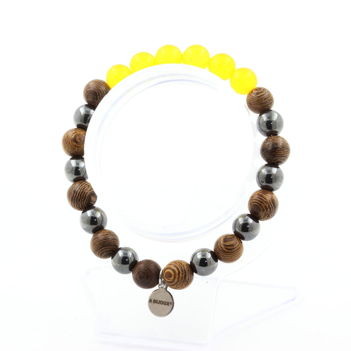 Agate jaune + Hématite + bois. Bracelet en Perles naturelles