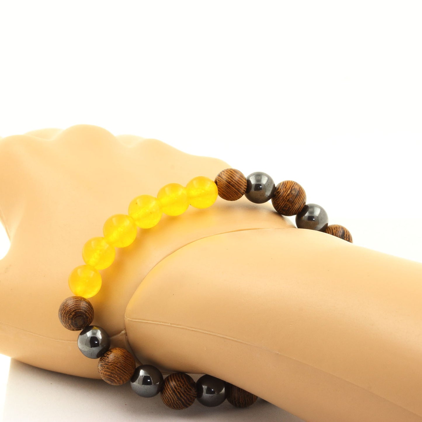 Agate jaune + Hématite + bois. Bracelet en Perles naturelles