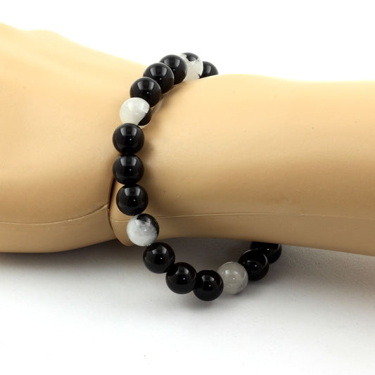Agate noire + Quartz rutile noir. Bracelet Perles naturelles