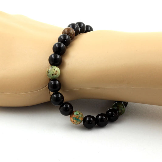 Agate noire + Turquoise du Pérou. Perles naturelles