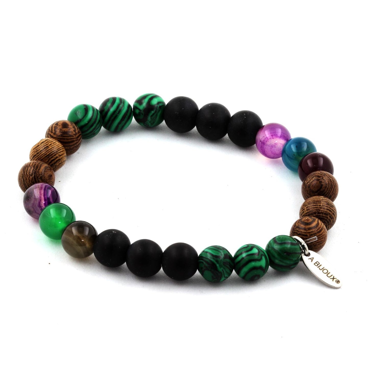 Agate rubanée multicolore + Malachite (avec résine) + Onyx noir mat + bois Bracelet Perles
