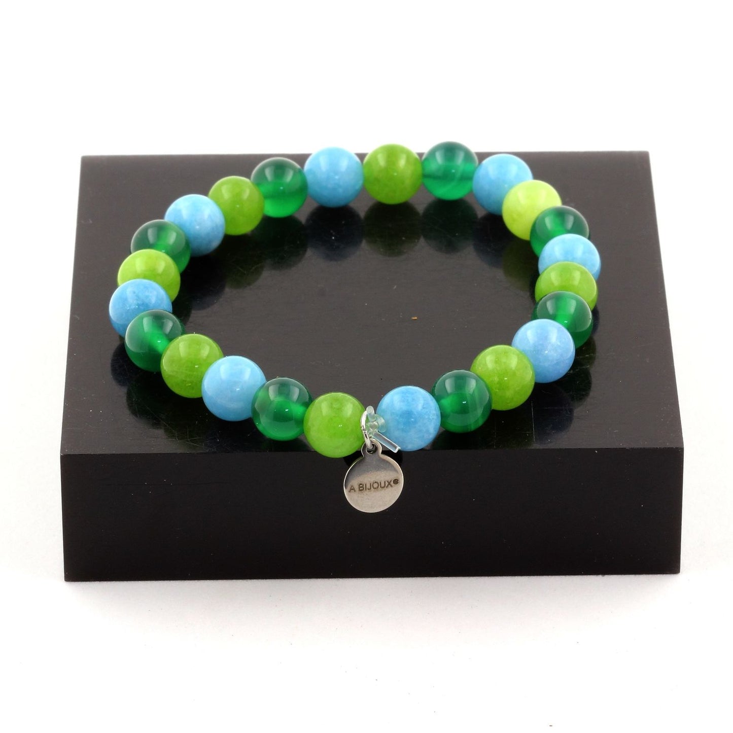 Agate verte + Calcédoine bleu + Péridot. Bracelet Perles naturelles