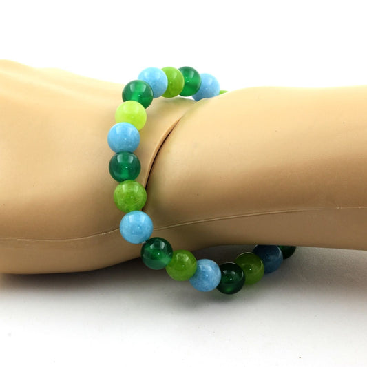 Agate verte + Calcédoine bleu + Péridot. Bracelet Perles naturelles