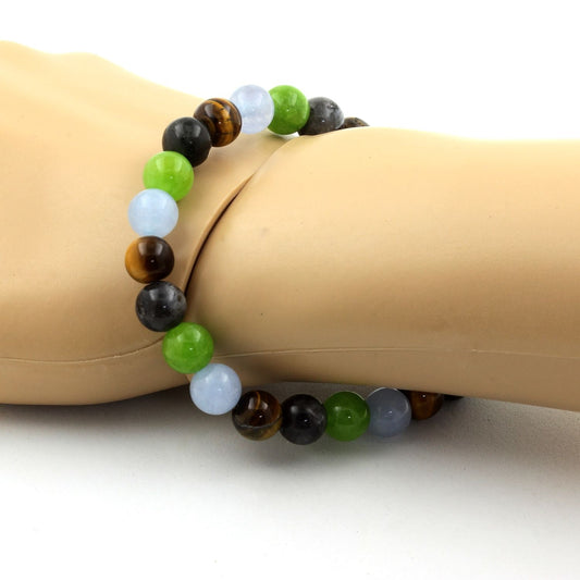 Aigue-Marine + Oeil de Tigre + Labradorite + Péridot. Bracelet Perles naturelles